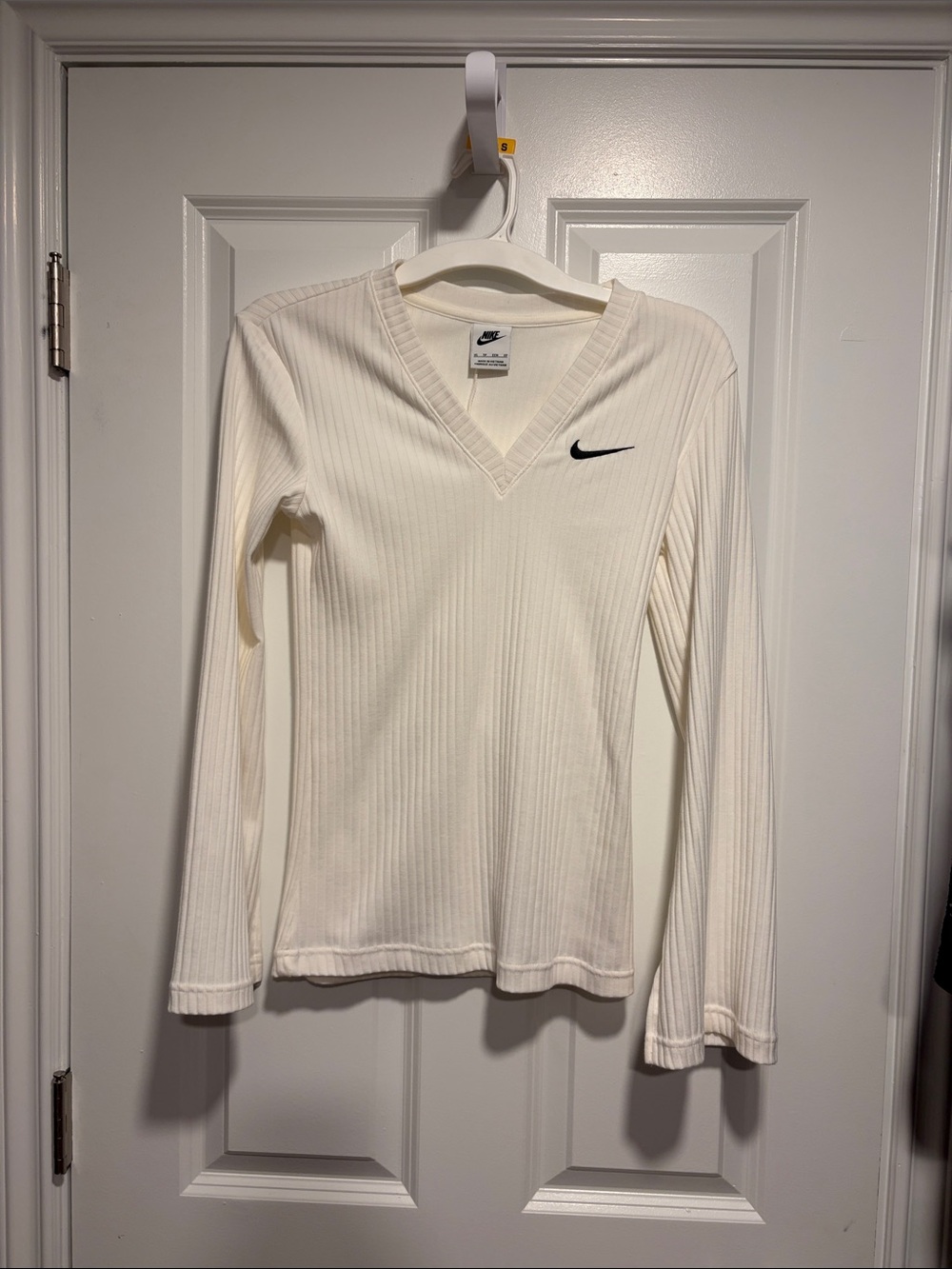 Nike Cream Ribbed V‑Neck Long Sleeve Top with Black Swoosh